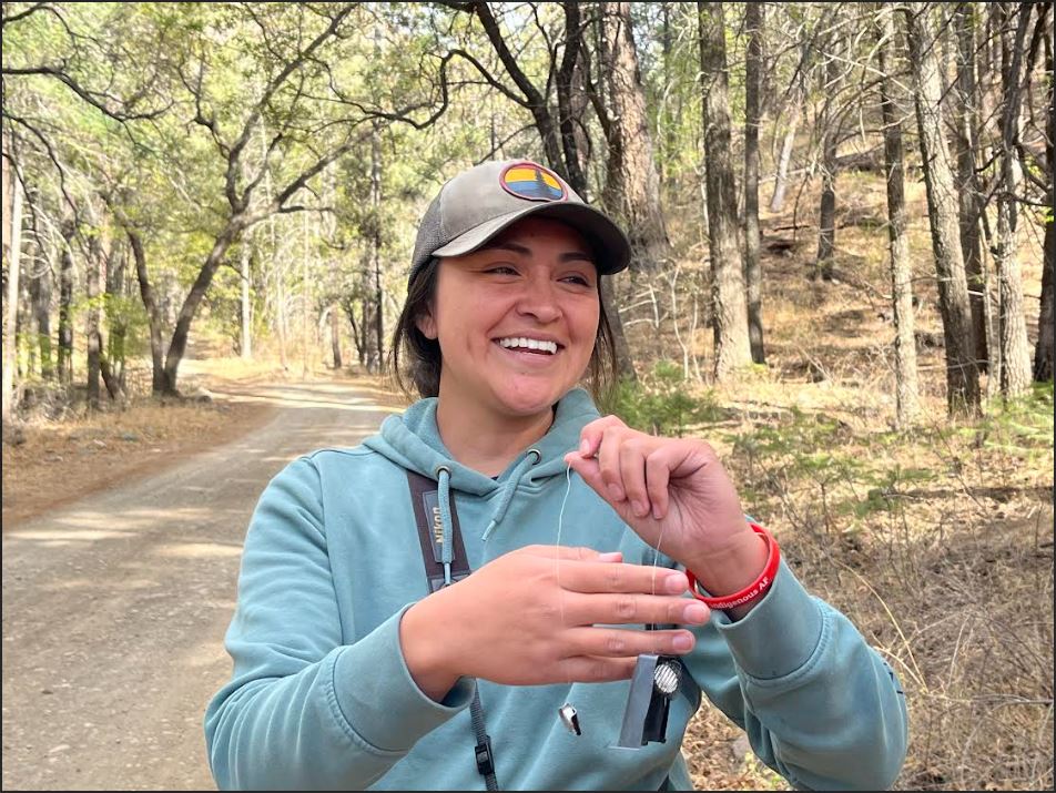 Kassandra Townsend holding an ibutton temperature logger set up to be deployed in a nest cavity.